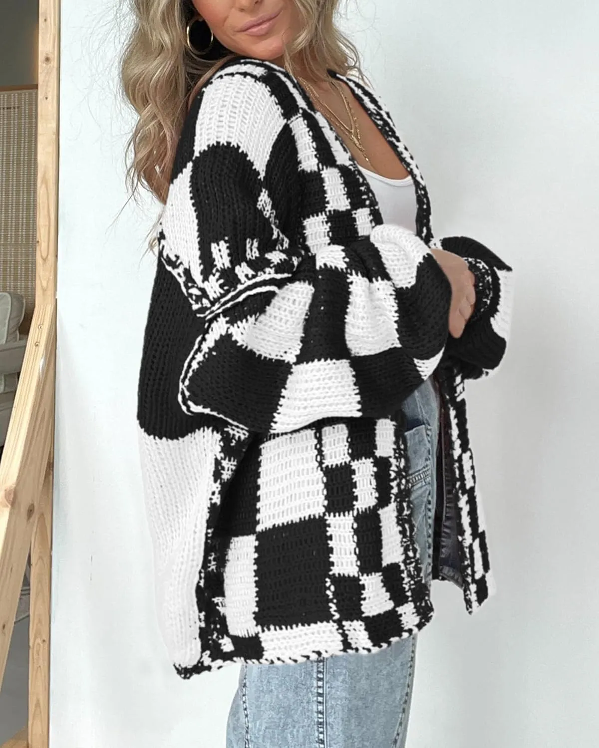 BTFBM Casual Womens Open Front Long Sleeve Chunky Knit Cardigan Sweater Checkered Knit Cardigan Sweaters Coat