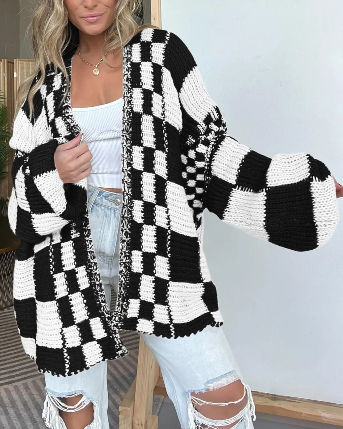 BTFBM Casual Womens Open Front Long Sleeve Chunky Knit Cardigan Sweater Checkered Knit Cardigan Sweaters Coat