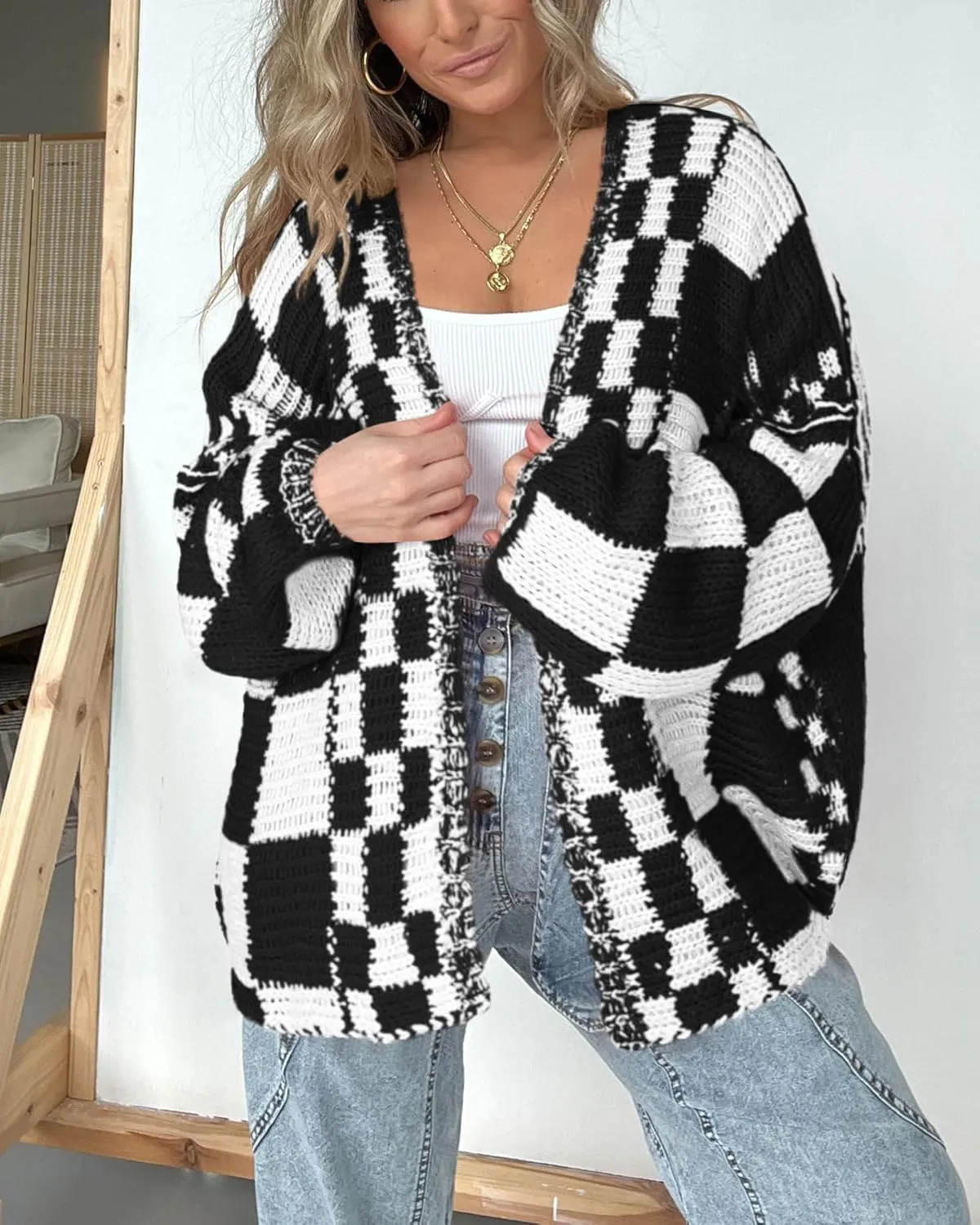 BTFBM Casual Womens Open Front Long Sleeve Chunky Knit Cardigan Sweater Checkered Knit Cardigan Sweaters Coat