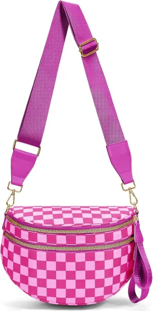 Bum Bags for Women Crossbody,Nylon Checkered Crossbody Bag Black and White Checkered Purse Oversized Slouchy Belt Bag