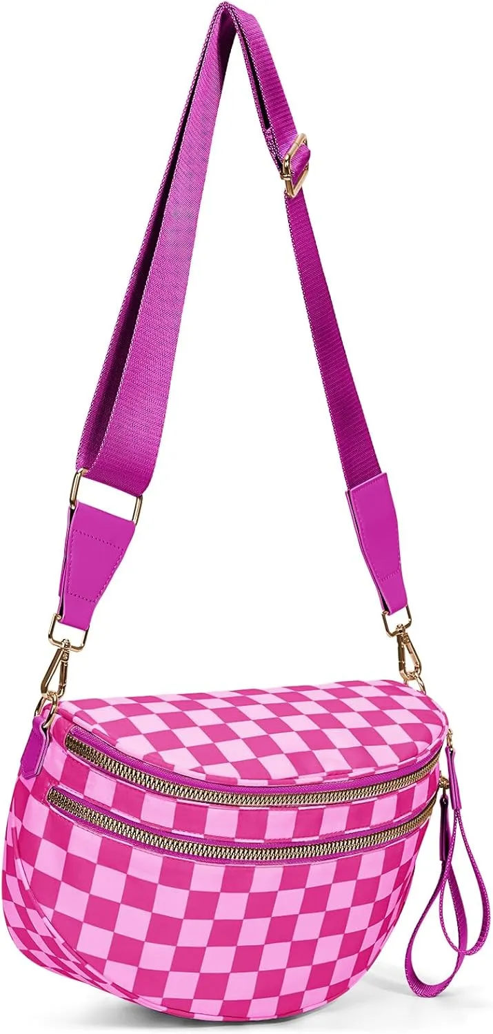 Bum Bags for Women Crossbody,Nylon Checkered Crossbody Bag Black and White Checkered Purse Oversized Slouchy Belt Bag