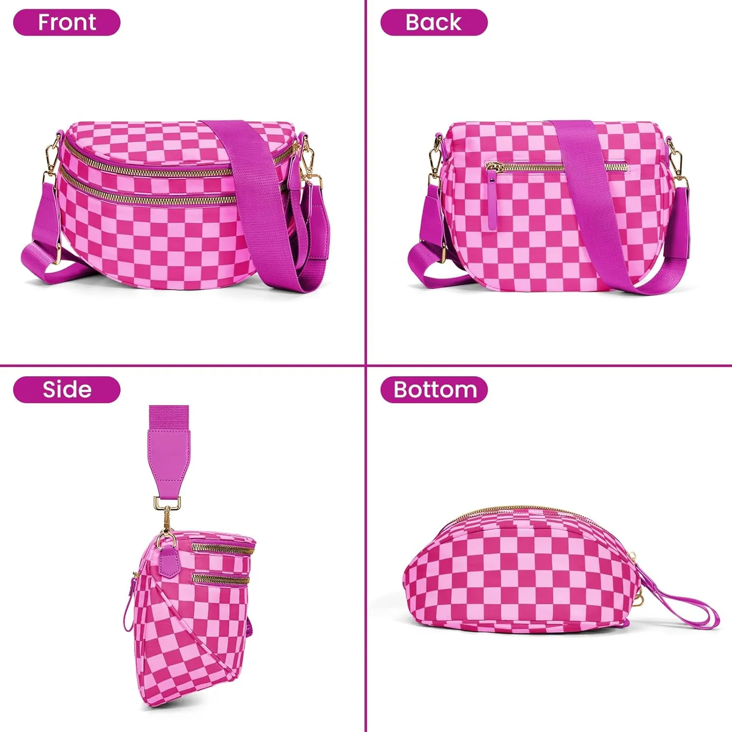 Bum Bags for Women Crossbody,Nylon Checkered Crossbody Bag Black and White Checkered Purse Oversized Slouchy Belt Bag