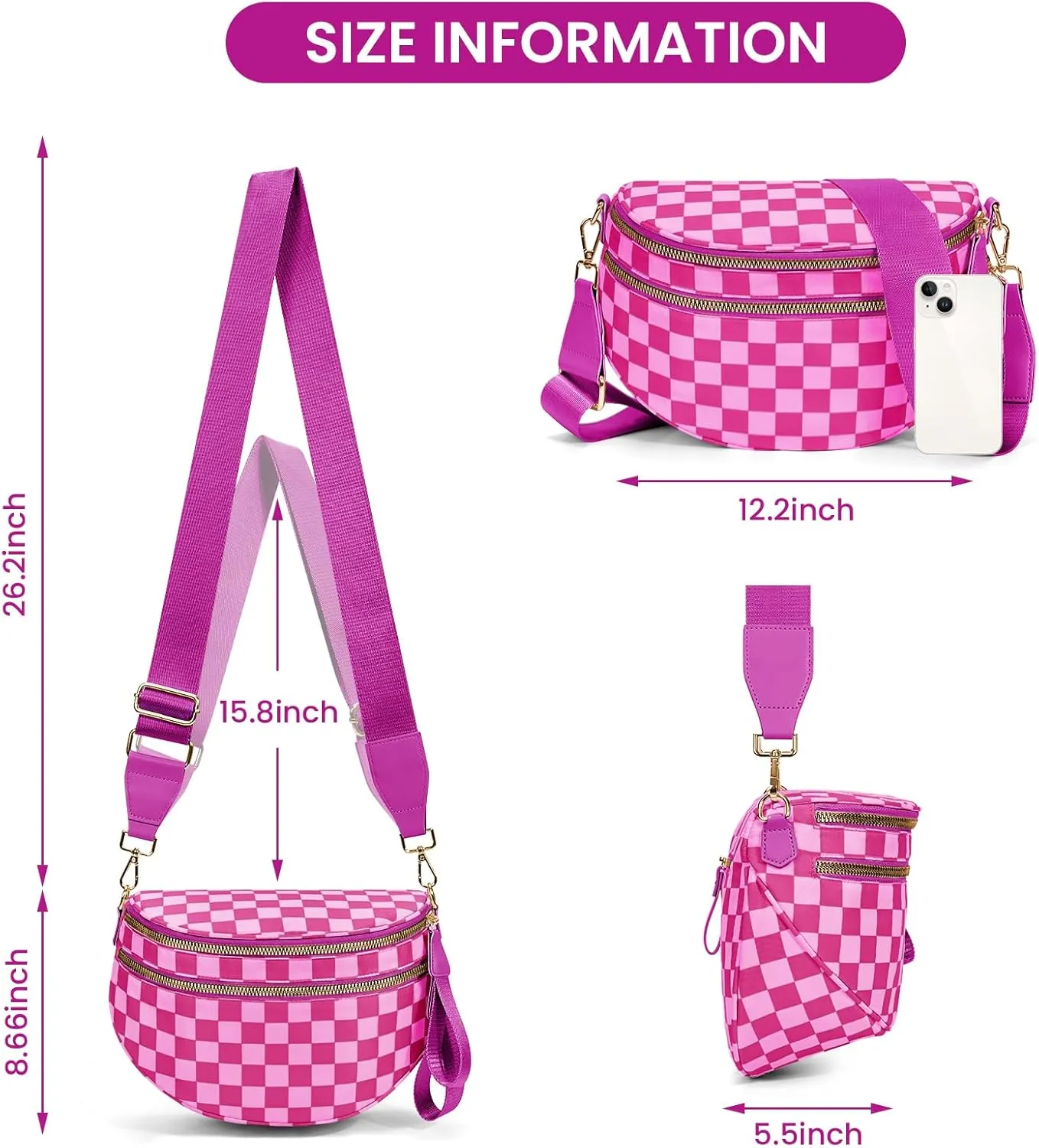 Bum Bags for Women Crossbody,Nylon Checkered Crossbody Bag Black and White Checkered Purse Oversized Slouchy Belt Bag