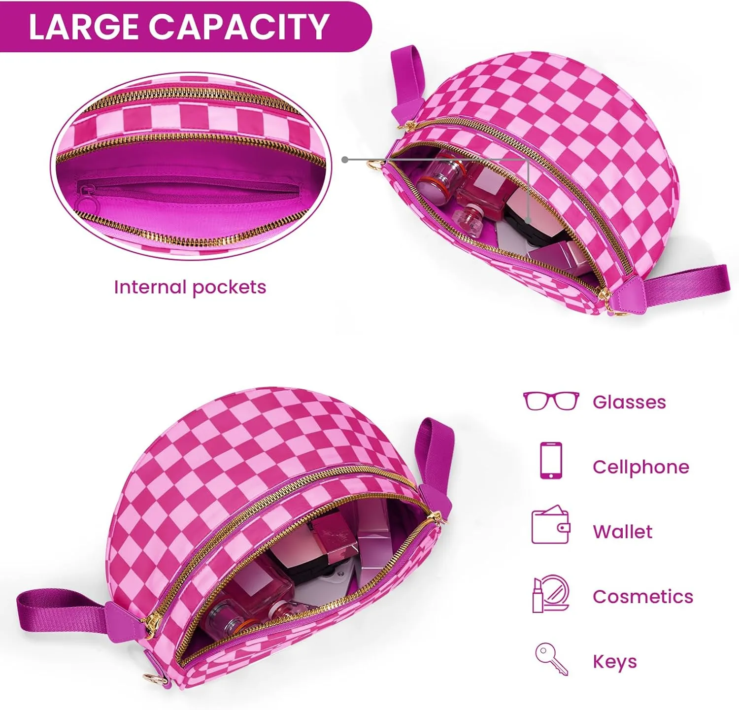 Bum Bags for Women Crossbody,Nylon Checkered Crossbody Bag Black and White Checkered Purse Oversized Slouchy Belt Bag