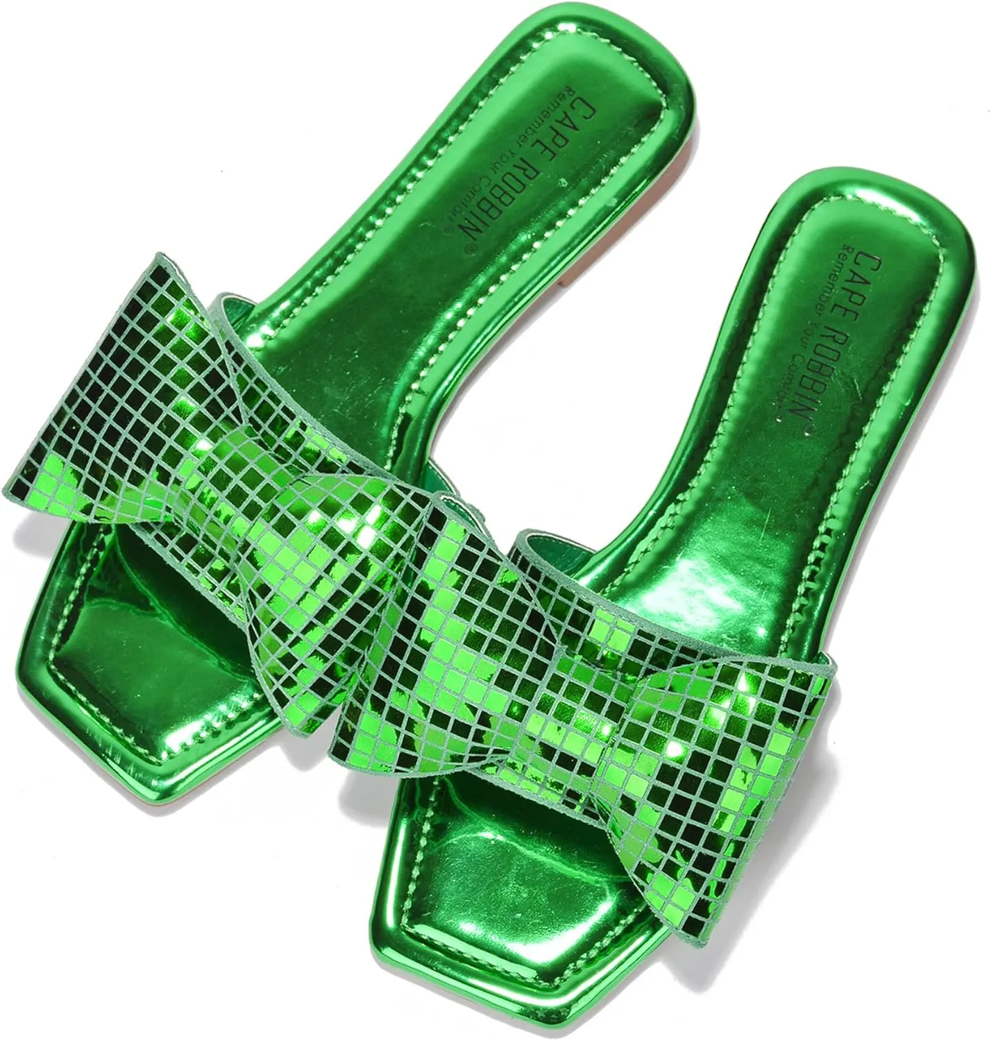 Cape Robbin Women's Slip-On Flat Sandals - Square Toe Disco Ball Metallic Design with Bow Tie - Summer Dressy Sandals (Botania)