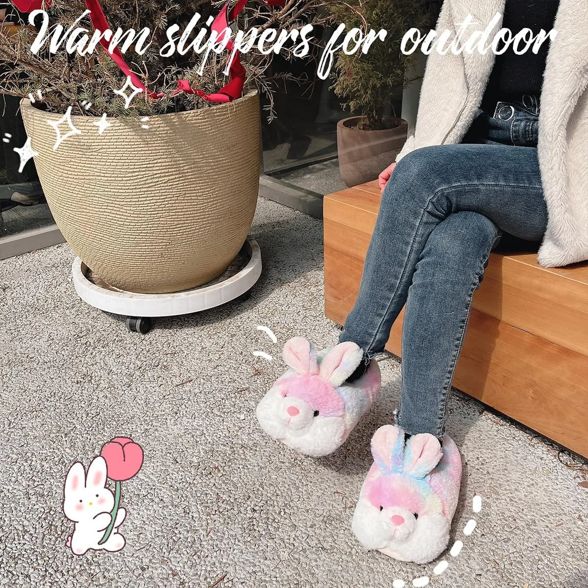 Caramella Bubble Classic Bunny Slippers for Women Funny Animal Novelty Slippers for Adults Cute Plush Rabbit Bedroom Slippers