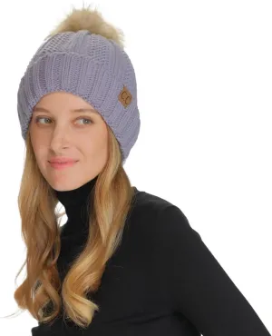 C.C Thick Cable Knit Faux Fuzzy Fur Pom Fleece Lined Skull Cap Cuff Beanie