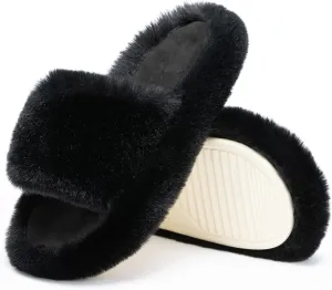 Chantomoo Women's Blue Memory Foam Faux Fur Lined Open Toe Slippers for Women - US 12