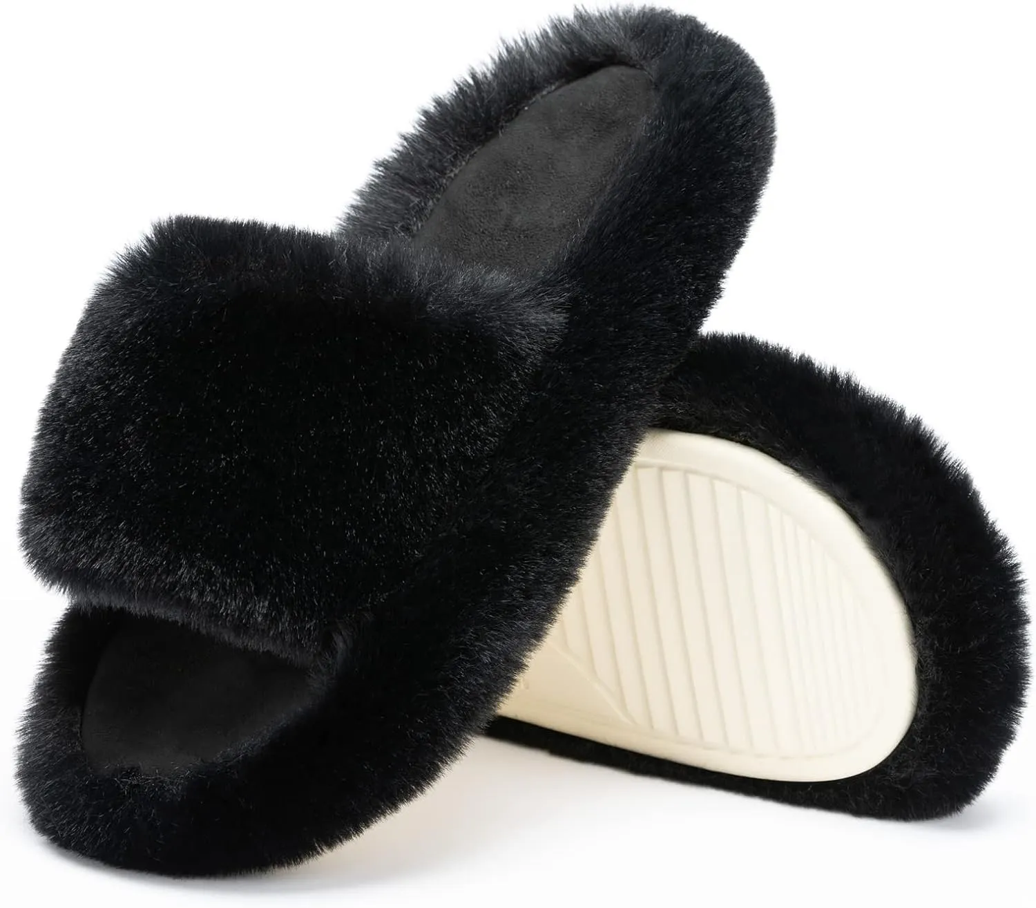 Chantomoo Women's Blue Memory Foam Faux Fur Lined Open Toe Slippers for Women - US 12