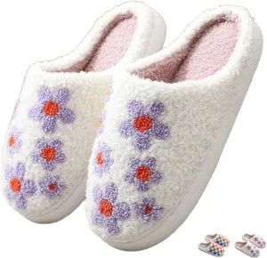 Checkerboard Winter Indoor Warm Slippers for Women & Men - Comfy Plush Fuzzy Slides - Couple Slippers - Flower Checkered Pattern - Shoes