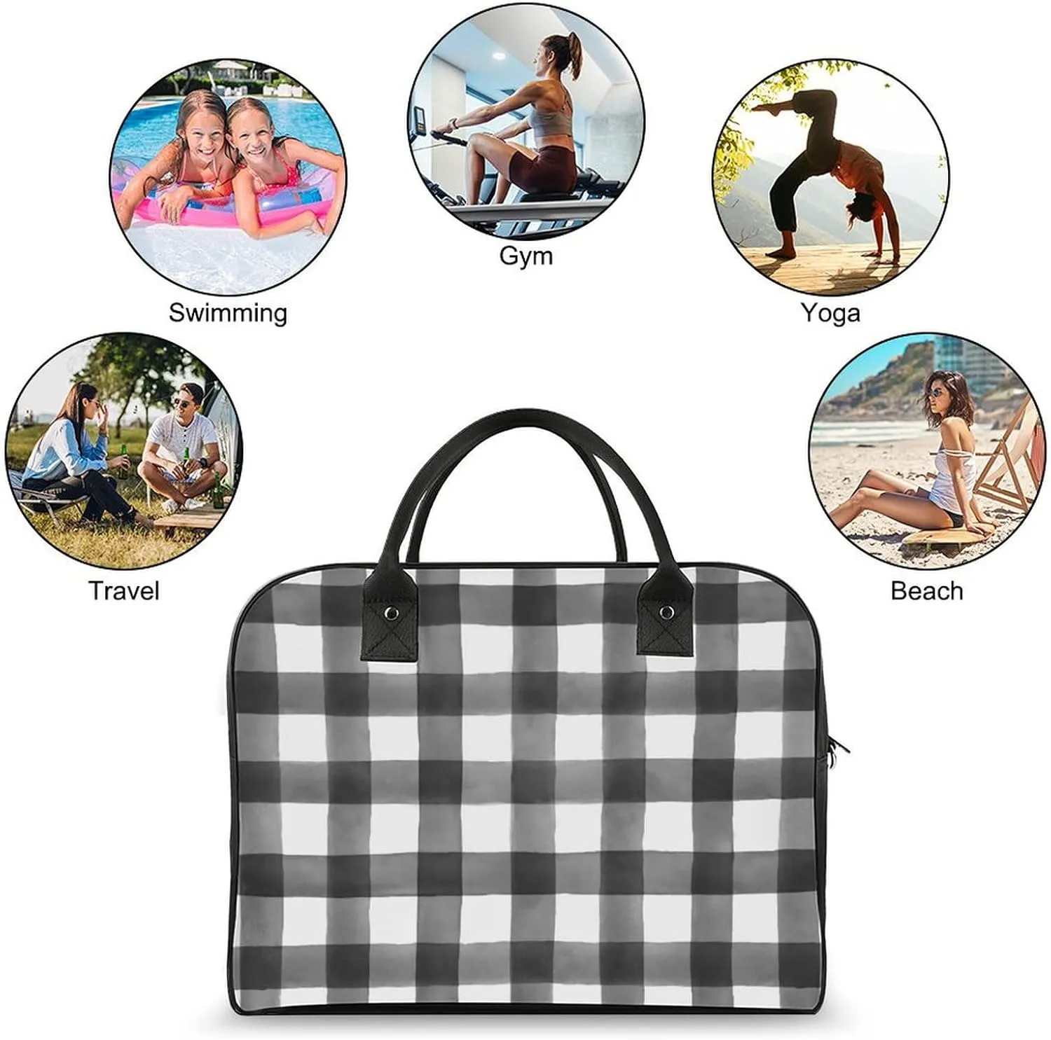 Checkered Black And White Fashionable Large Capacity Travel Handbag Unisex