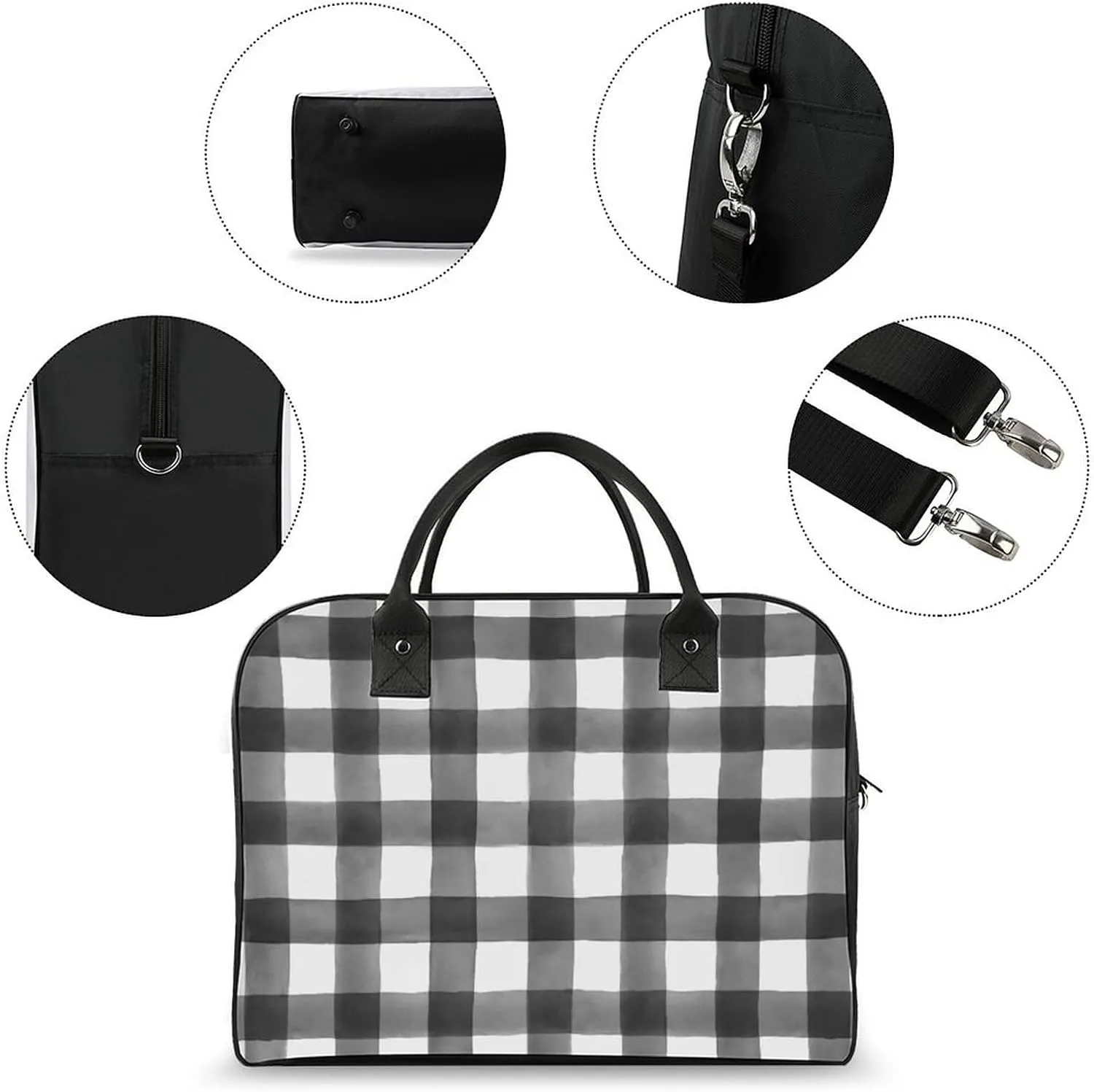 Checkered Black And White Fashionable Large Capacity Travel Handbag Unisex