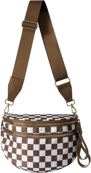 Checkered Crossbody Bag for Women Solid-color Shell Fashionable Sports Checkered Waist and Single-shoulder Purse Bag (Caramel checkered)