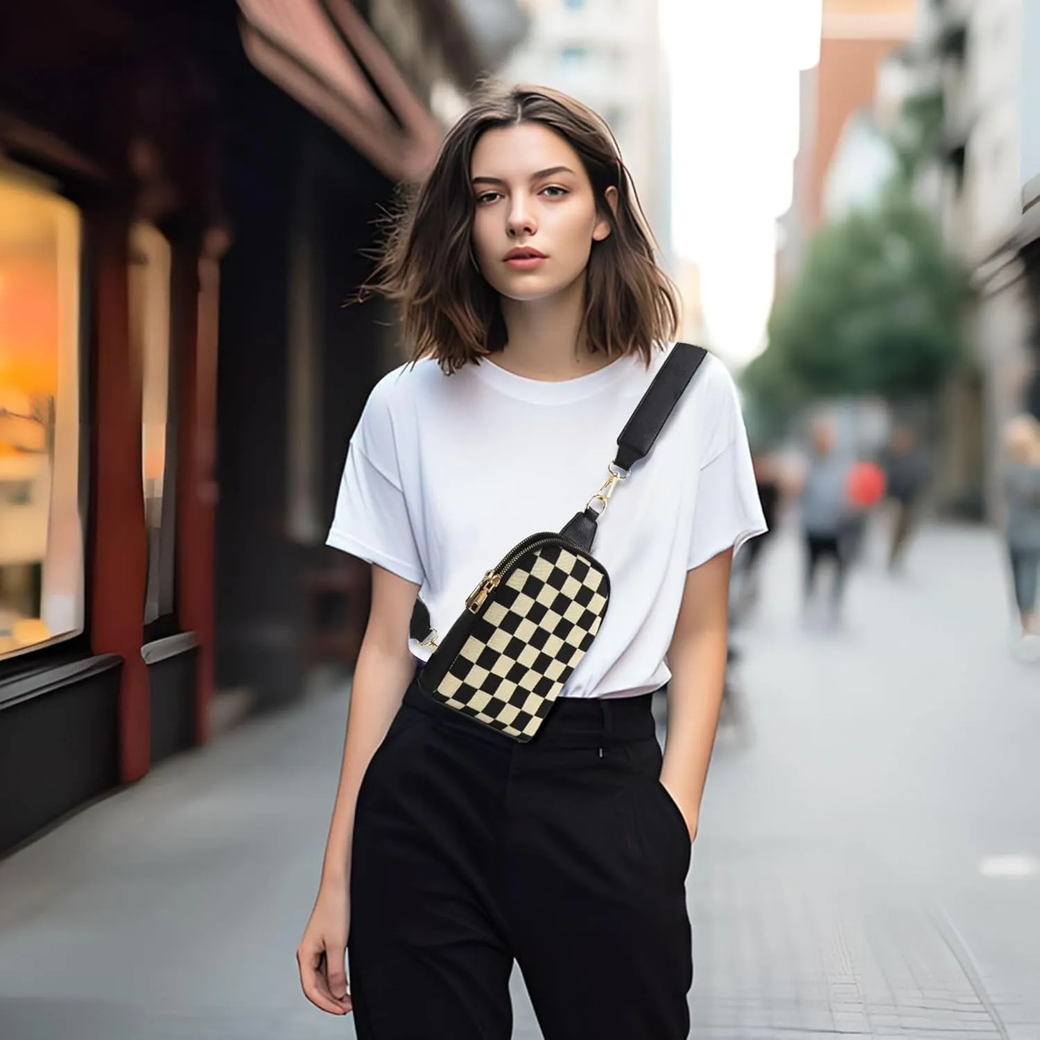 Checkered Crossbody Bag Sling Bag for Women Plaid Bum Bag Small Fanny Pack Purse Checkered Cross Body Bag