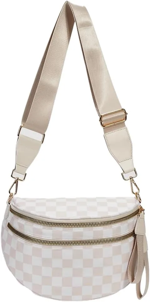 Checkered Crossbody Bag Spacious Nylon Crossbody Bag for Women Black and White Checkered Purse Bum Bags Belt Bags