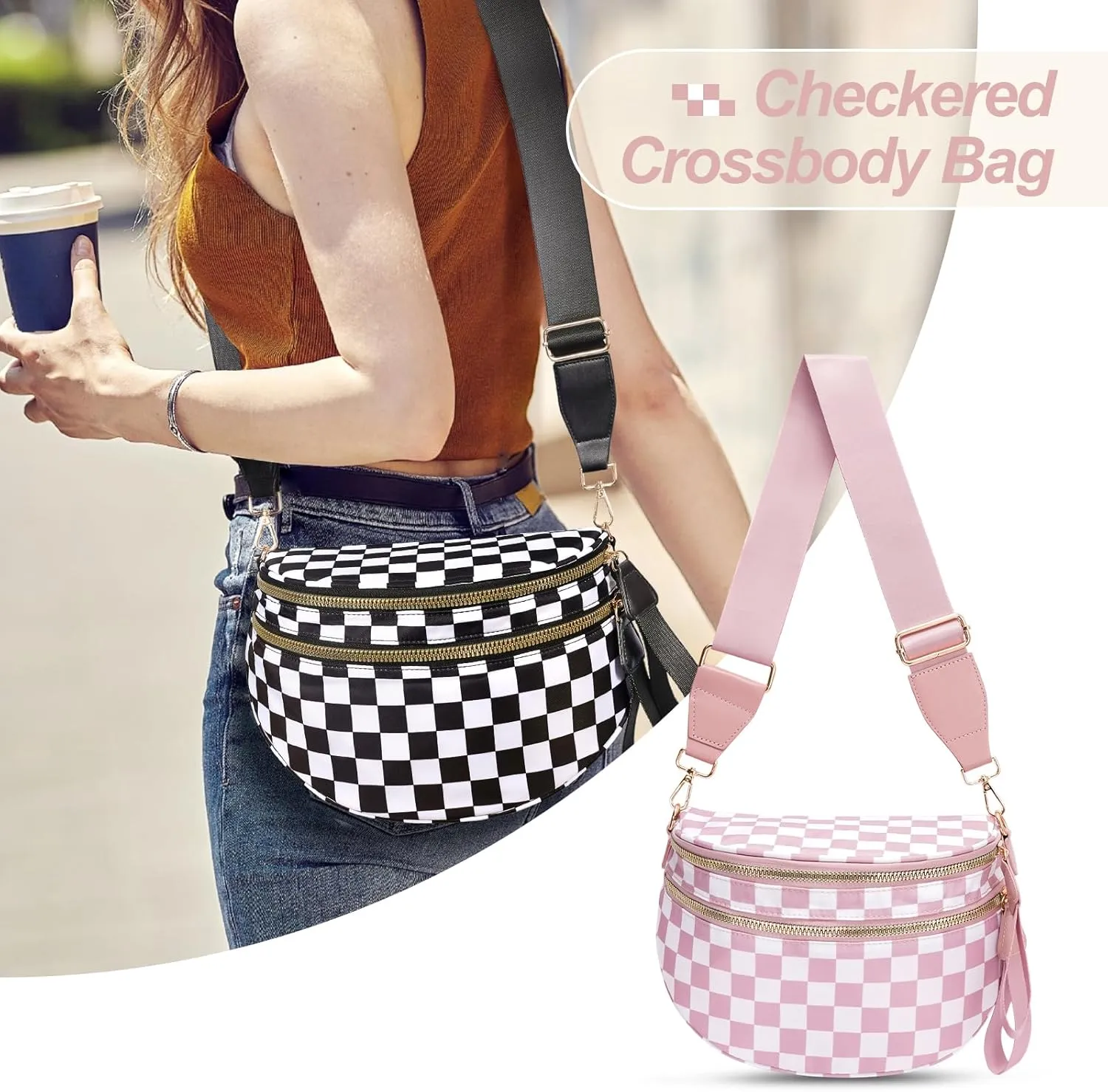 Checkered Crossbody Bag,Nylon Bum Bags for Women Crossbody,Spacious Sling Bag Purse Fanny Packs with Shoulder Strap