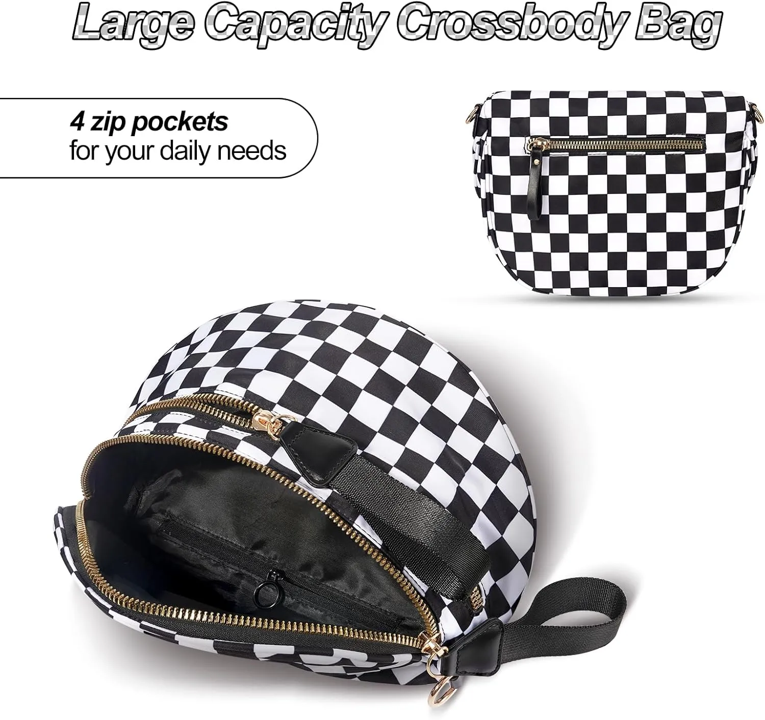 Checkered Crossbody Bag,Nylon Bum Bags for Women Crossbody,Spacious Sling Bag Purse Fanny Packs with Shoulder Strap