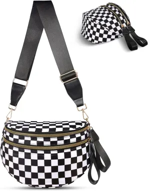 Checkered Crossbody Bag,Nylon Bum Bags for Women Crossbody,Spacious Sling Bag Purse Fanny Packs with Shoulder Strap