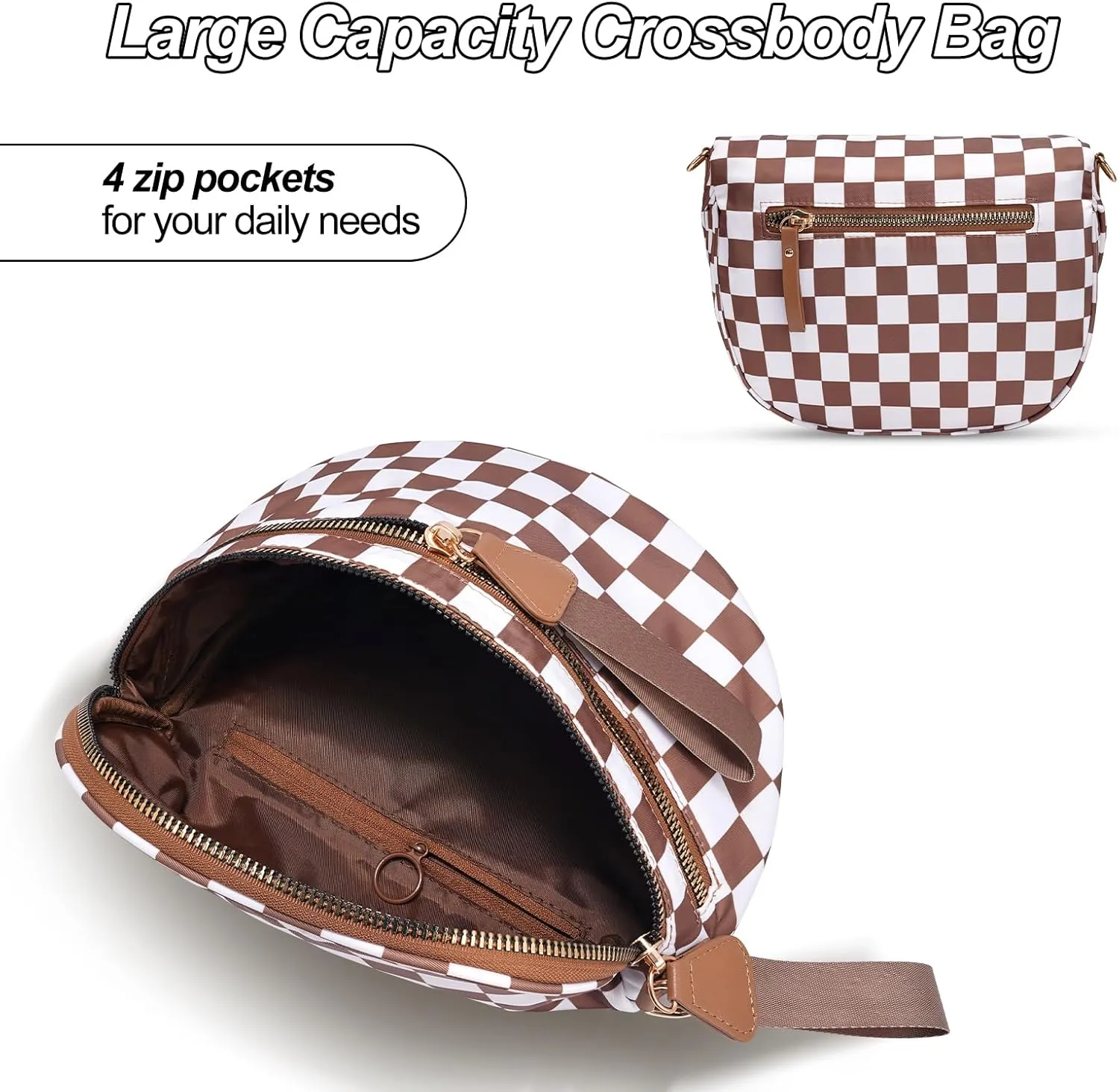 Checkered Crossbody Bag,Nylon Bum Bags for Women Crossbody,Spacious Sling Bag Purse Fanny Packs with Shoulder Strap