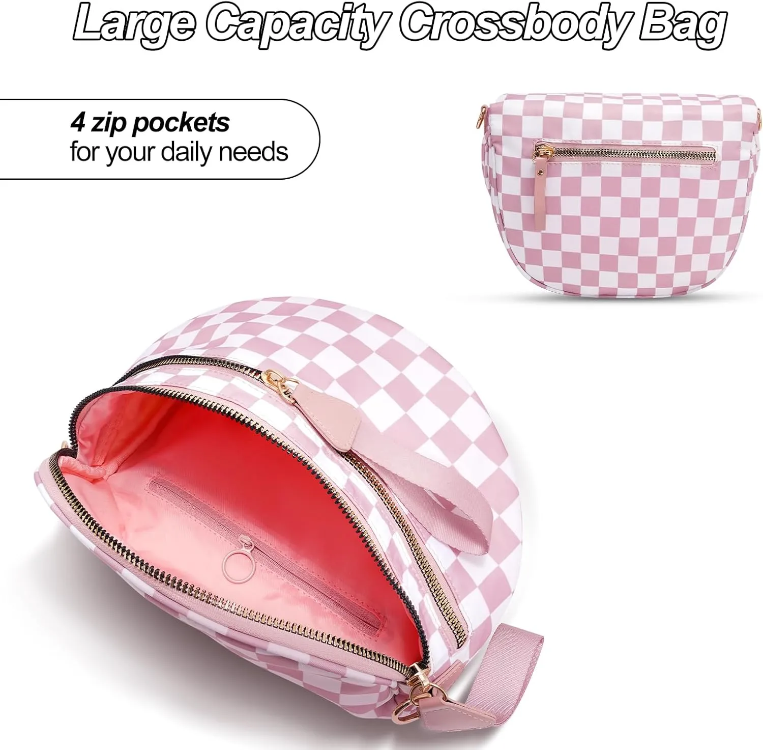 Checkered Crossbody Bag,Nylon Bum Bags for Women Crossbody,Spacious Sling Bag Purse Fanny Packs with Shoulder Strap