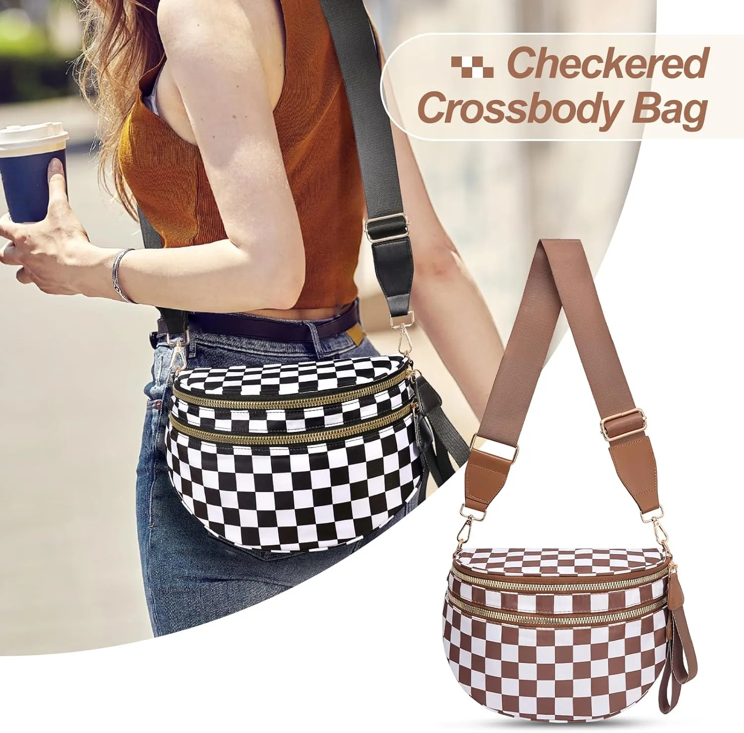 Checkered Crossbody Bag,Nylon Bum Bags for Women Crossbody,Spacious Sling Bag Purse Fanny Packs with Shoulder Strap