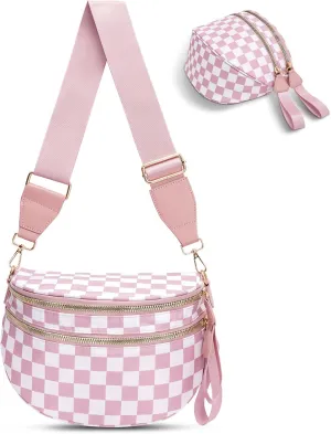 Checkered Crossbody Bag,Nylon Bum Bags for Women Crossbody,Spacious Sling Bag Purse Fanny Packs with Shoulder Strap