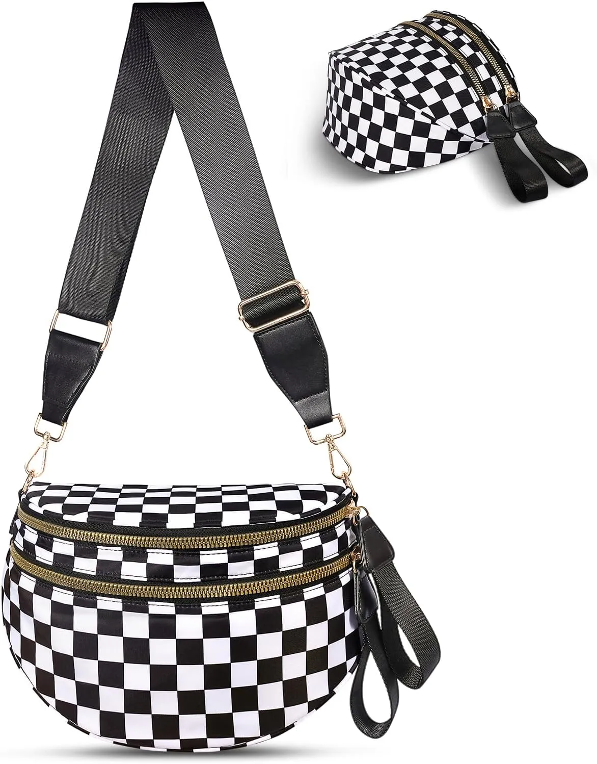 Checkered Crossbody Bag,Nylon Bum Bags for Women Crossbody,Spacious Sling Bag Purse Fanny Packs with Shoulder Strap