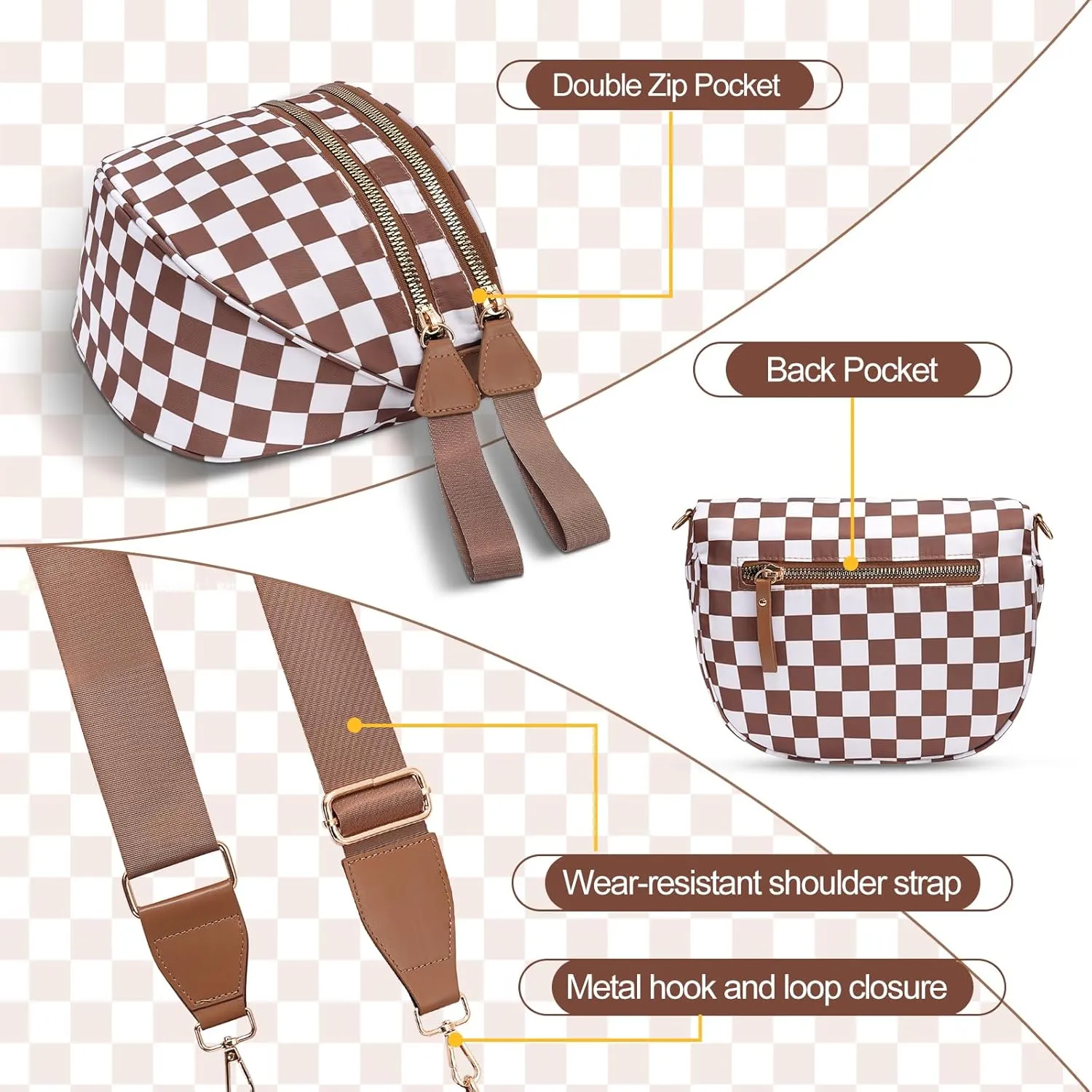 Checkered Crossbody Bag,Nylon Bum Bags for Women Crossbody,Spacious Sling Bag Purse Fanny Packs with Shoulder Strap