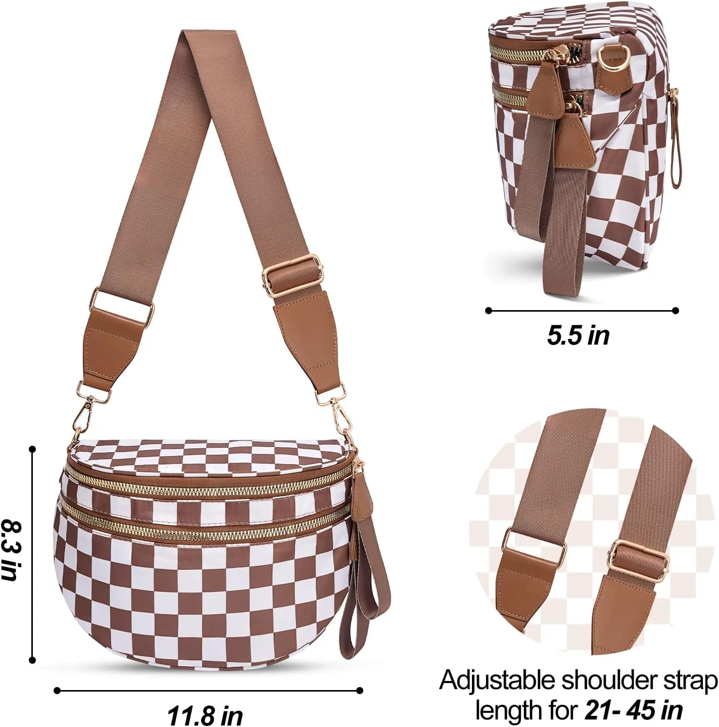 Checkered Crossbody Bag,Nylon Bum Bags for Women Crossbody,Spacious Sling Bag Purse Fanny Packs with Shoulder Strap
