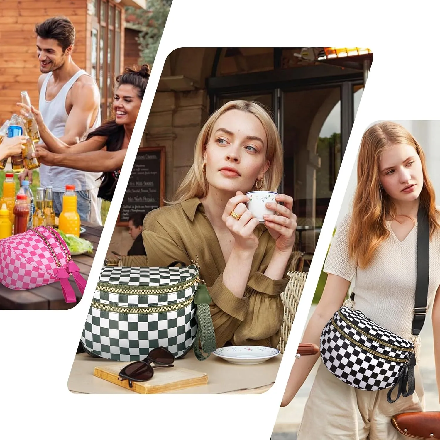 Checkered Crossbody Bag,Nylon Bum Bags for Women Crossbody,Spacious Sling Bag Purse Fanny Packs with Shoulder Strap