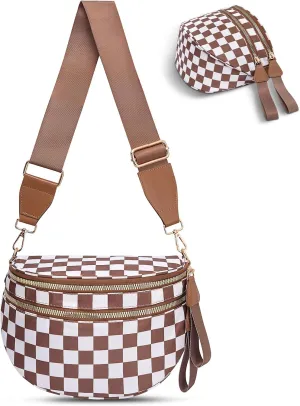 Checkered Crossbody Bag,Nylon Bum Bags for Women Crossbody,Spacious Sling Bag Purse Fanny Packs with Shoulder Strap