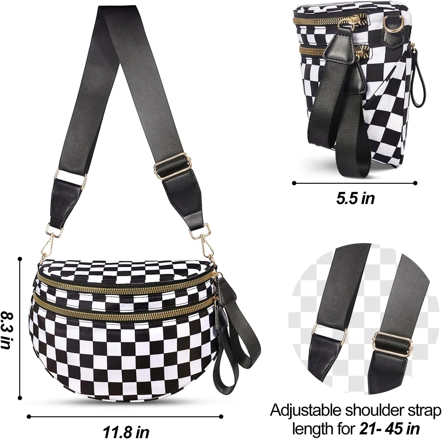 Checkered Crossbody Bag,Nylon Bum Bags for Women Crossbody,Spacious Sling Bag Purse Fanny Packs with Shoulder Strap
