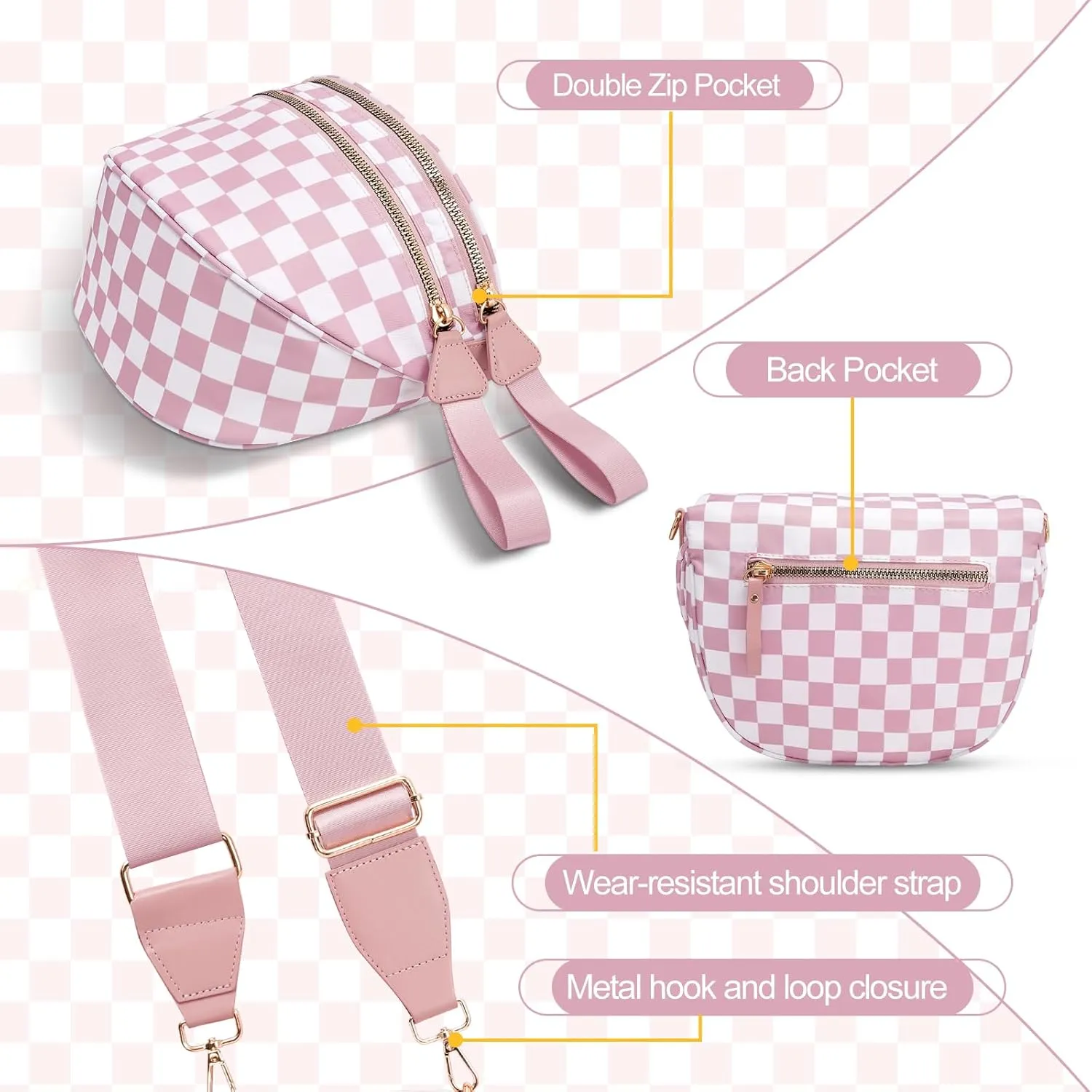 Checkered Crossbody Bag,Nylon Bum Bags for Women Crossbody,Spacious Sling Bag Purse Fanny Packs with Shoulder Strap