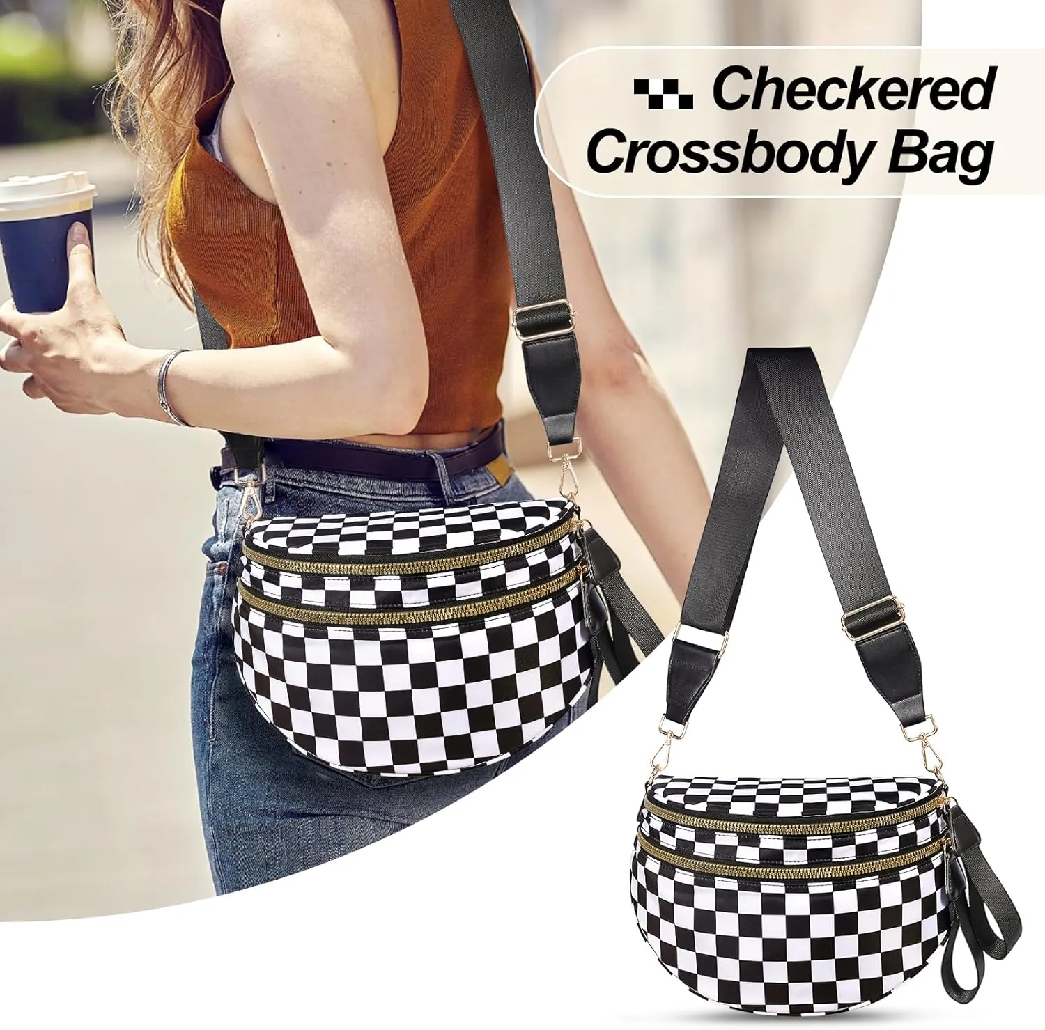 Checkered Crossbody Bag,Nylon Bum Bags for Women Crossbody,Spacious Sling Bag Purse Fanny Packs with Shoulder Strap