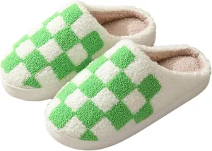 Checkered Fuzzy Memory Foam Men's House Slippers - Trendy Checkerboard Fluffy Preppy Bedroom Closed Toe Sandals