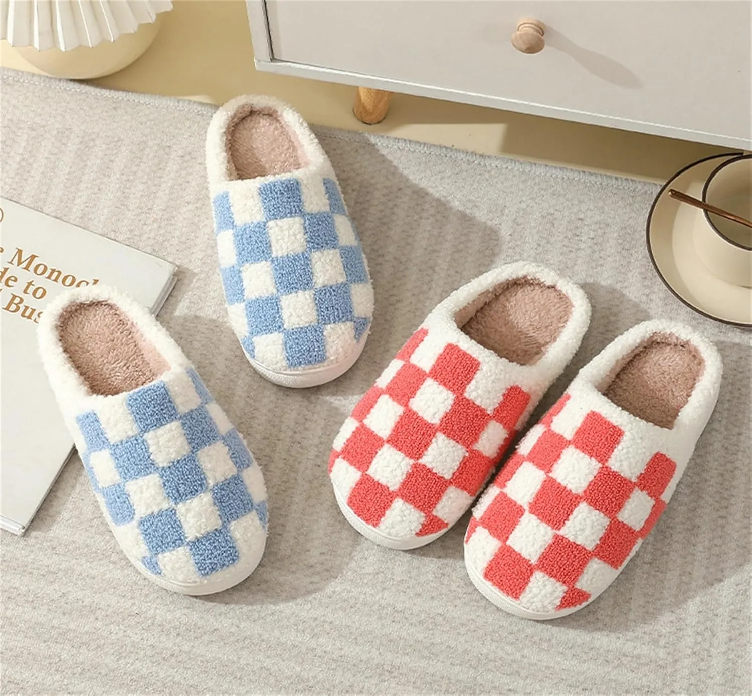 Checkered Fuzzy Memory Foam Men's House Slippers - Trendy Checkerboard Fluffy Preppy Bedroom Closed Toe Sandals