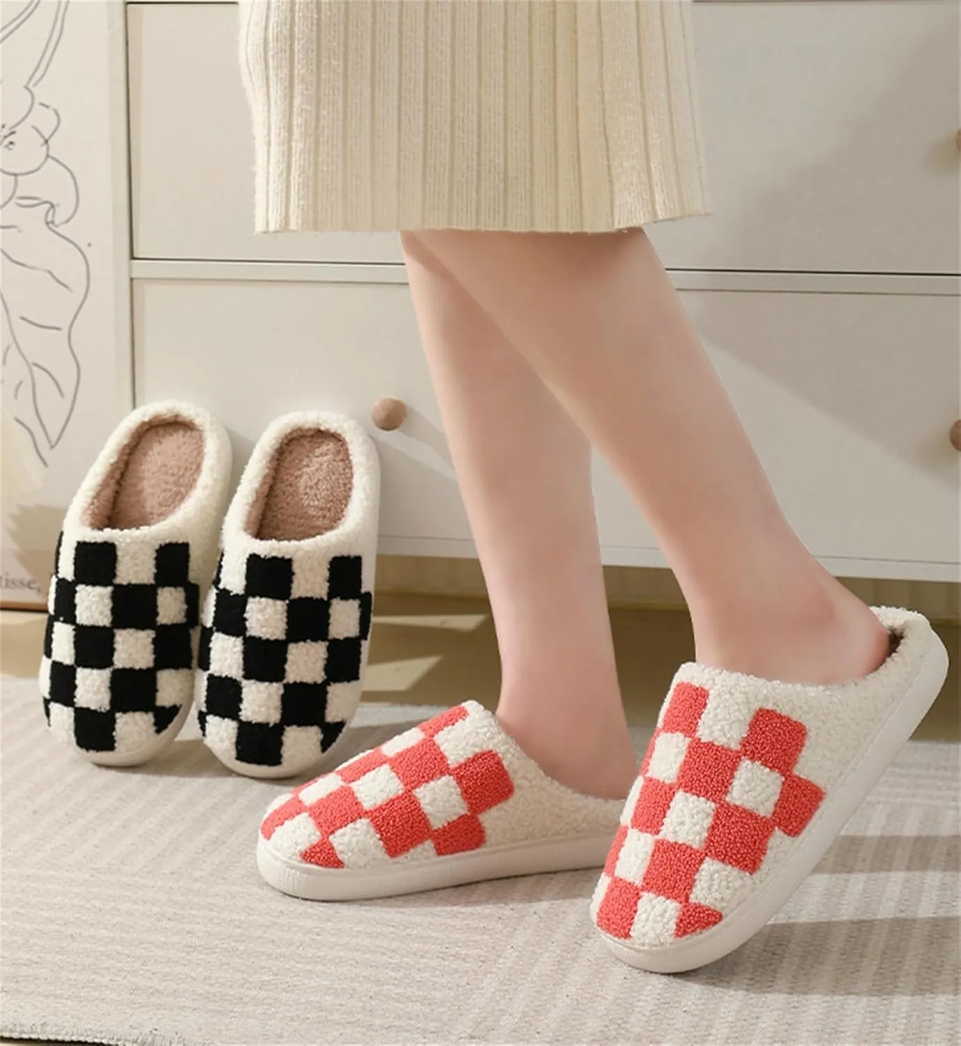 Checkered Fuzzy Memory Foam Men's House Slippers - Trendy Checkerboard Fluffy Preppy Bedroom Closed Toe Sandals