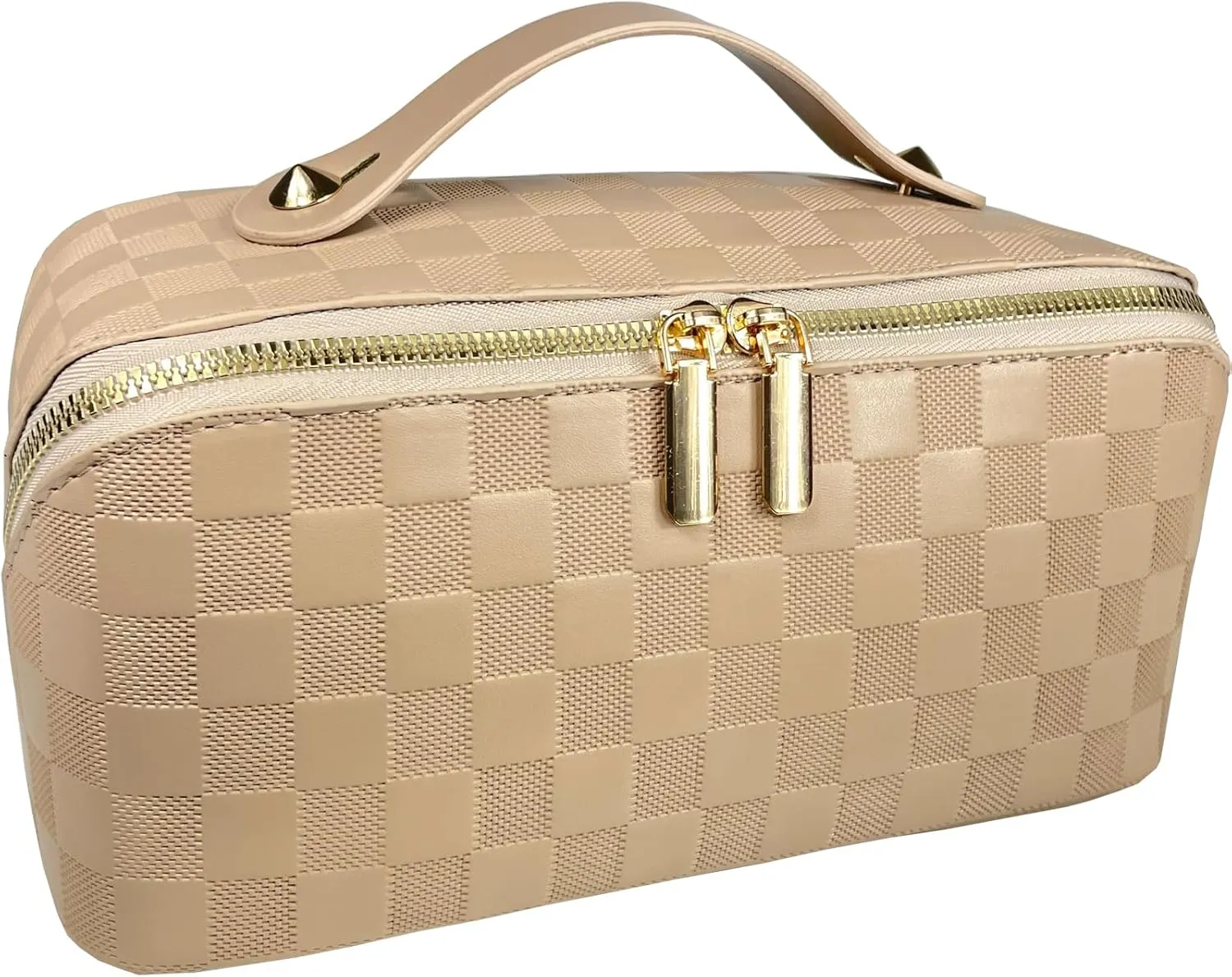 Checkered Makeup Bag Large Cosmetic Bag PU Leather Makeup Bag For Women Girls Travel Toiletry Bag With Handle Divider Large Opening Metal Zipper Cosmetic Bag (checkered khaki)