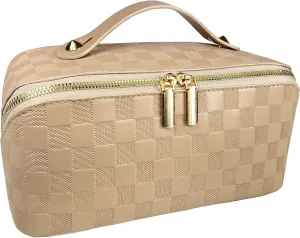 Checkered Makeup Bag Large Cosmetic Bag PU Leather Makeup Bag For Women Girls Travel Toiletry Bag With Handle Divider Large Opening Metal Zipper Cosmetic Bag (checkered khaki)