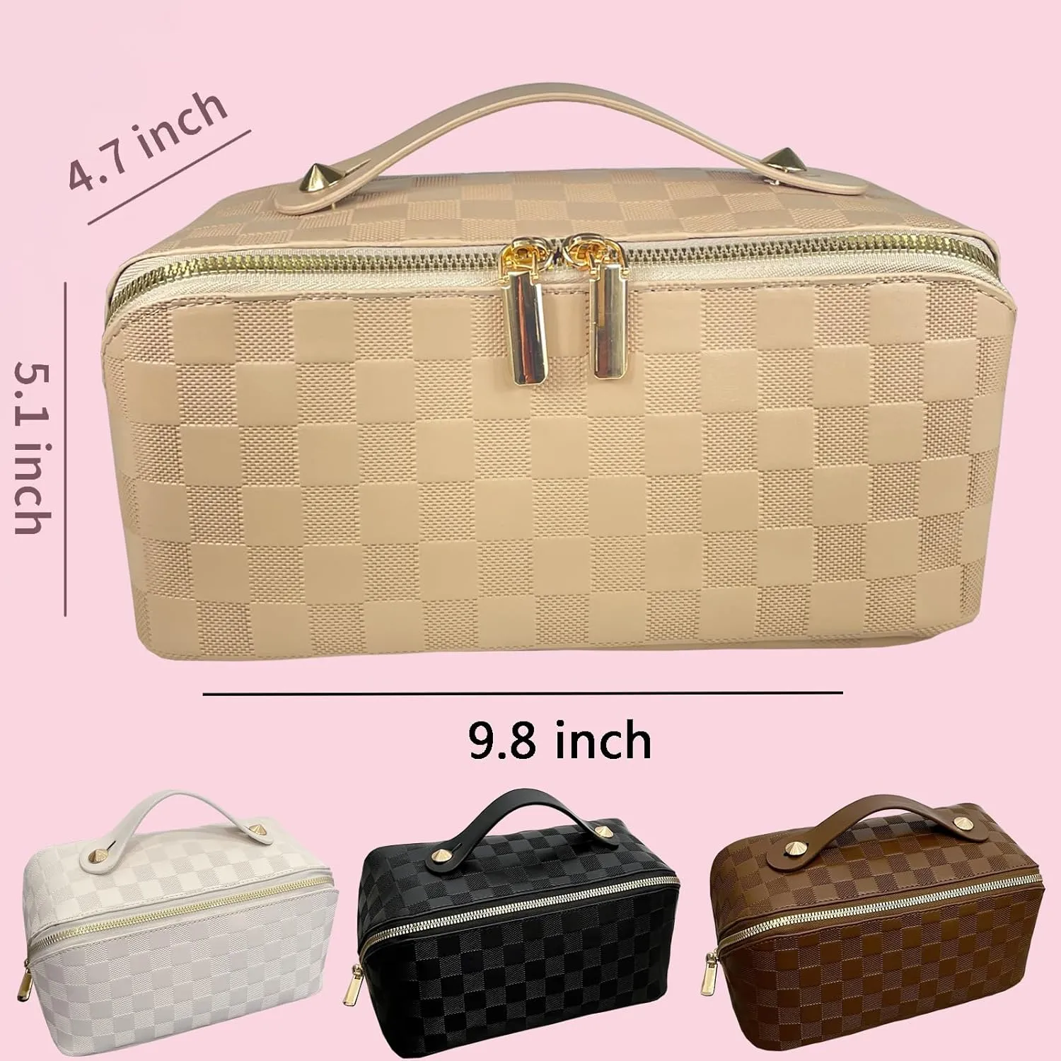 Checkered Makeup Bag Large Cosmetic Bag PU Leather Makeup Bag For Women Girls Travel Toiletry Bag With Handle Divider Large Opening Metal Zipper Cosmetic Bag (checkered khaki)