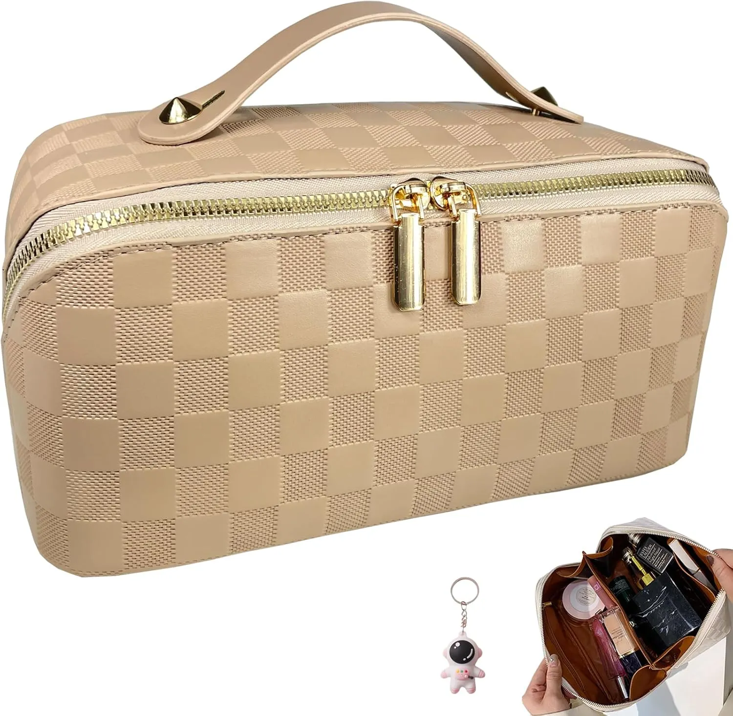 Checkered Makeup Bag Large Cosmetic Bag PU Leather Makeup Bag For Women Girls Travel Toiletry Bag With Handle Divider Large Opening Metal Zipper Cosmetic Bag (checkered khaki)