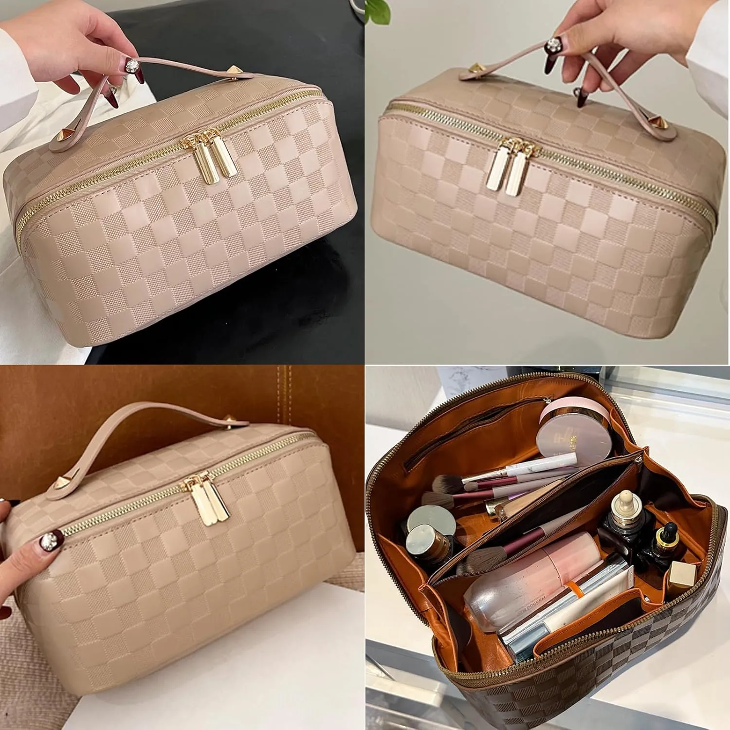 Checkered Makeup Bag Large Cosmetic Bag PU Leather Makeup Bag For Women Girls Travel Toiletry Bag With Handle Divider Large Opening Metal Zipper Cosmetic Bag (checkered khaki)