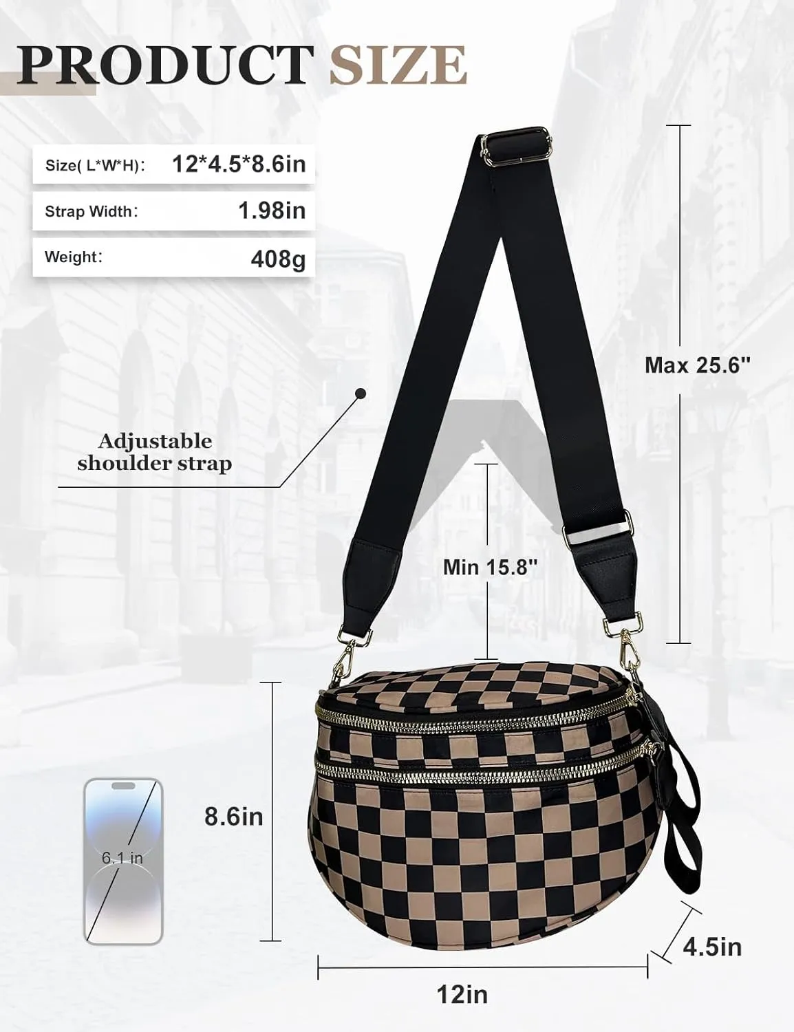 Checkered Nylon Crossbody Bag for Women, Spacious Checkered Bum Bag Purse Shoulder Bag Sling Bag with Shoulder Strap