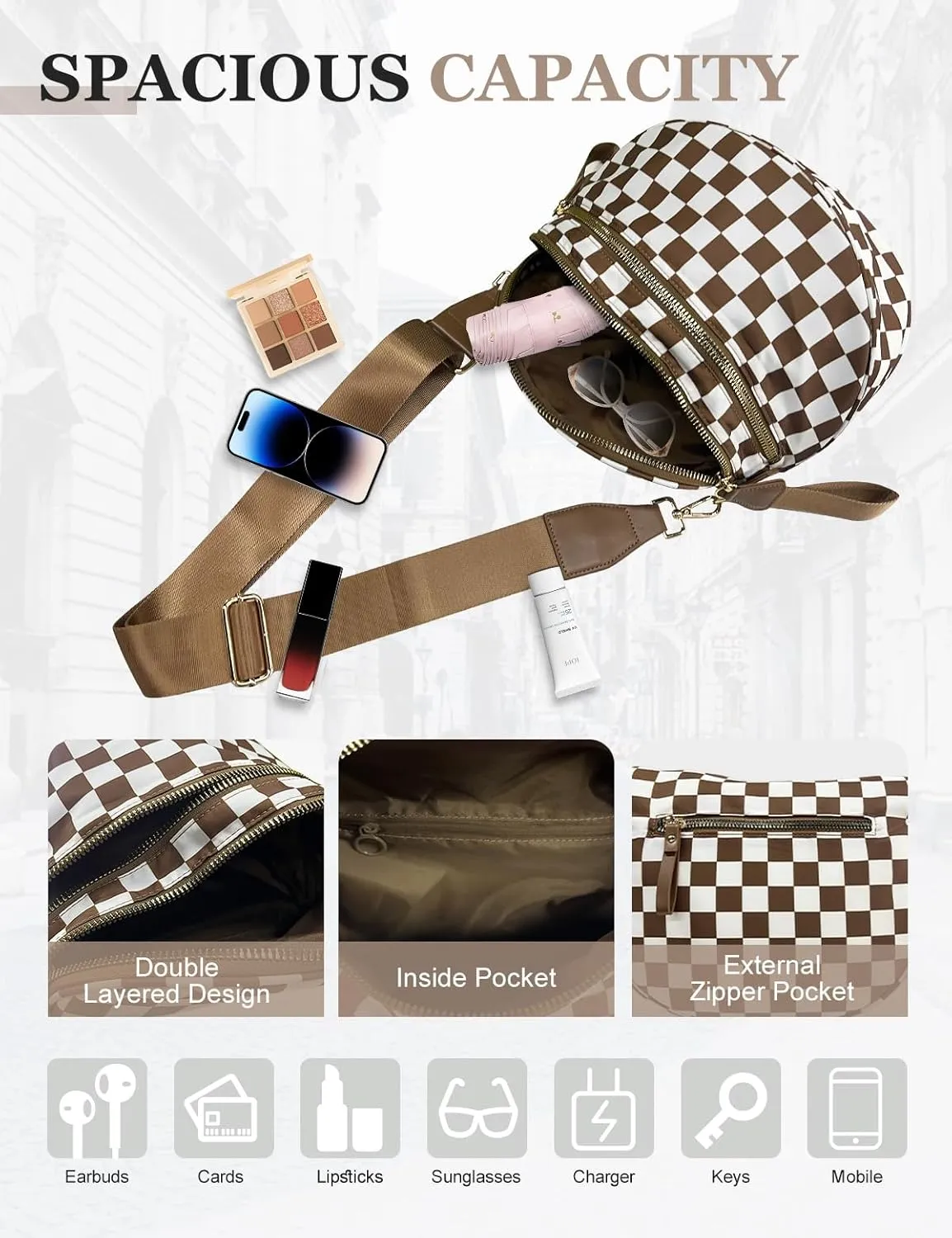 Checkered Nylon Crossbody Bag for Women, Spacious Checkered Bum Bag Purse Shoulder Bag Sling Bag with Shoulder Strap