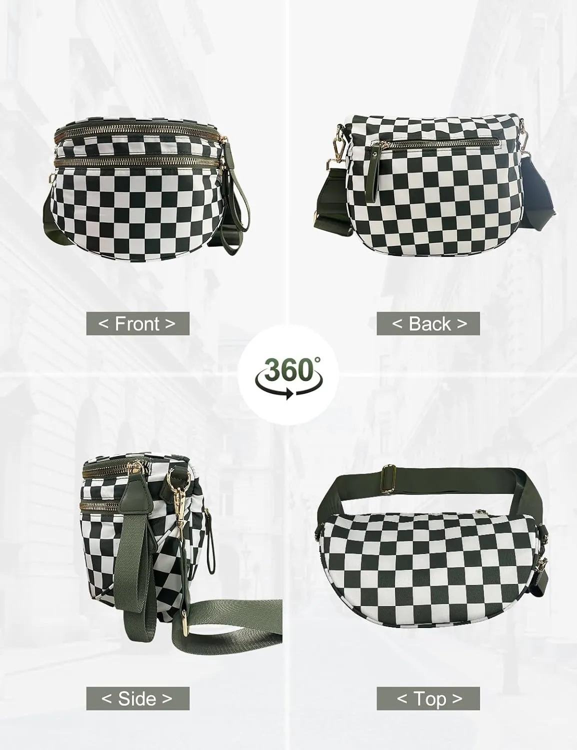 Checkered Nylon Crossbody Bag for Women, Spacious Checkered Bum Bag Purse Shoulder Bag Sling Bag with Shoulder Strap