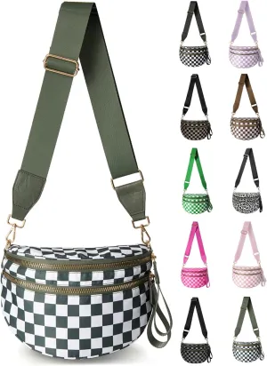 Checkered Nylon Crossbody Bag for Women, Spacious Checkered Bum Bag Purse Shoulder Bag Sling Bag with Shoulder Strap