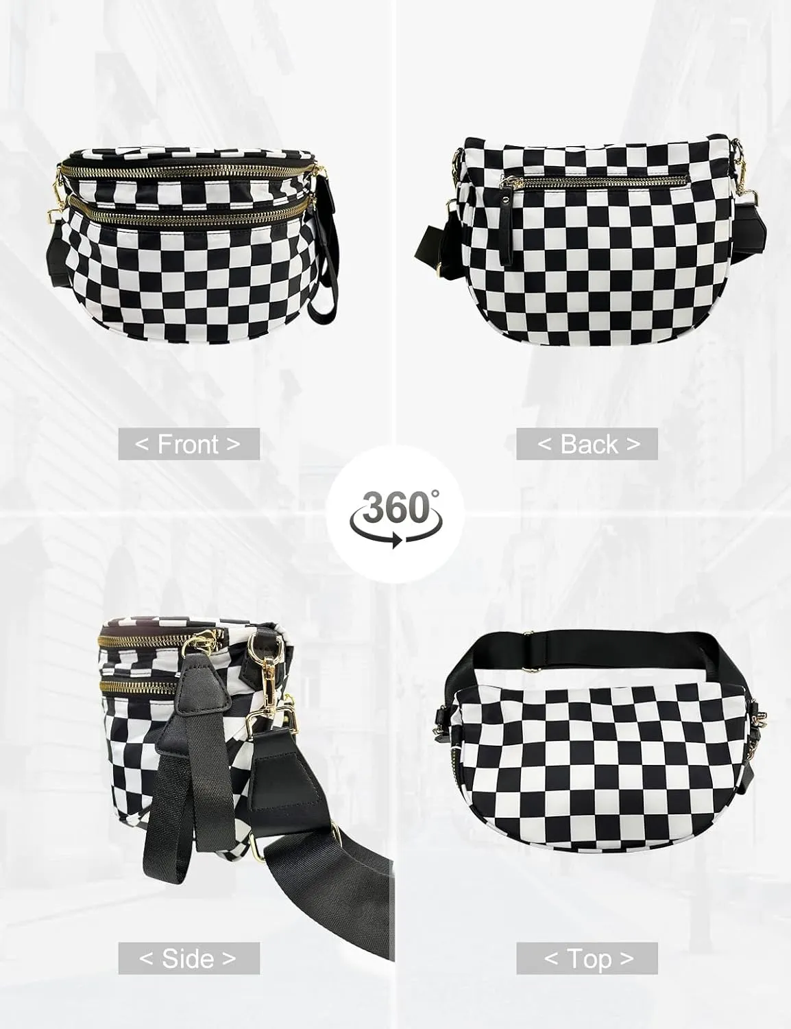Checkered Nylon Crossbody Bag for Women, Spacious Checkered Bum Bag Purse Shoulder Bag Sling Bag with Shoulder Strap