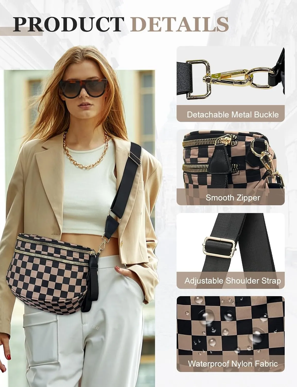 Checkered Nylon Crossbody Bag for Women, Spacious Checkered Bum Bag Purse Shoulder Bag Sling Bag with Shoulder Strap