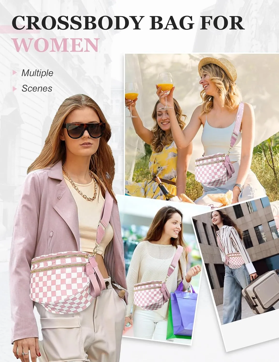 Checkered Nylon Crossbody Bag for Women, Spacious Checkered Bum Bag Purse Shoulder Bag Sling Bag with Shoulder Strap