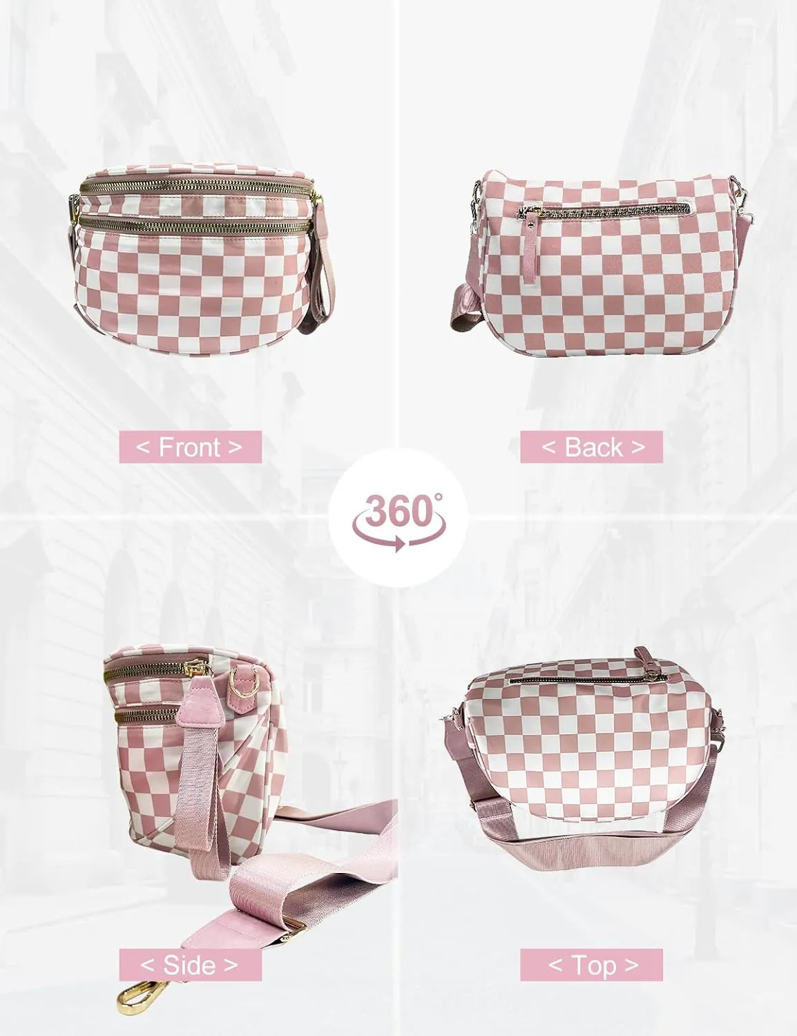 Checkered Nylon Crossbody Bag for Women, Spacious Checkered Bum Bag Purse Shoulder Bag Sling Bag with Shoulder Strap